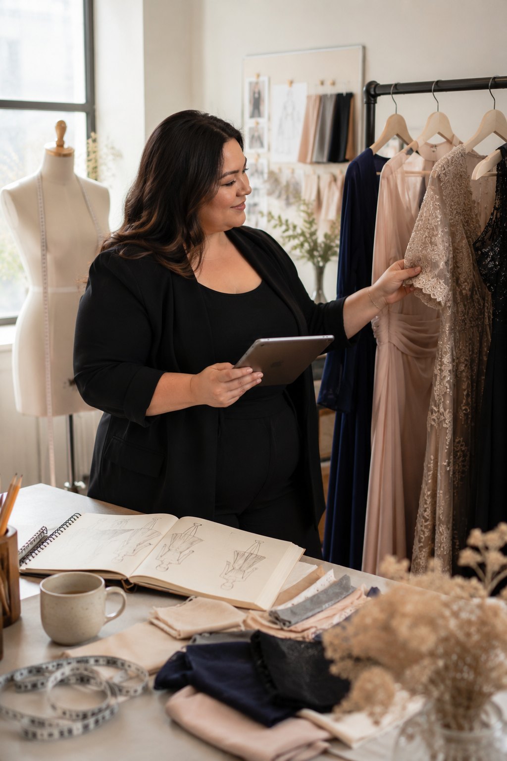 Hello Curve Editorial Team reviewing elegant plus size occasionwear designs in a fashion studio.