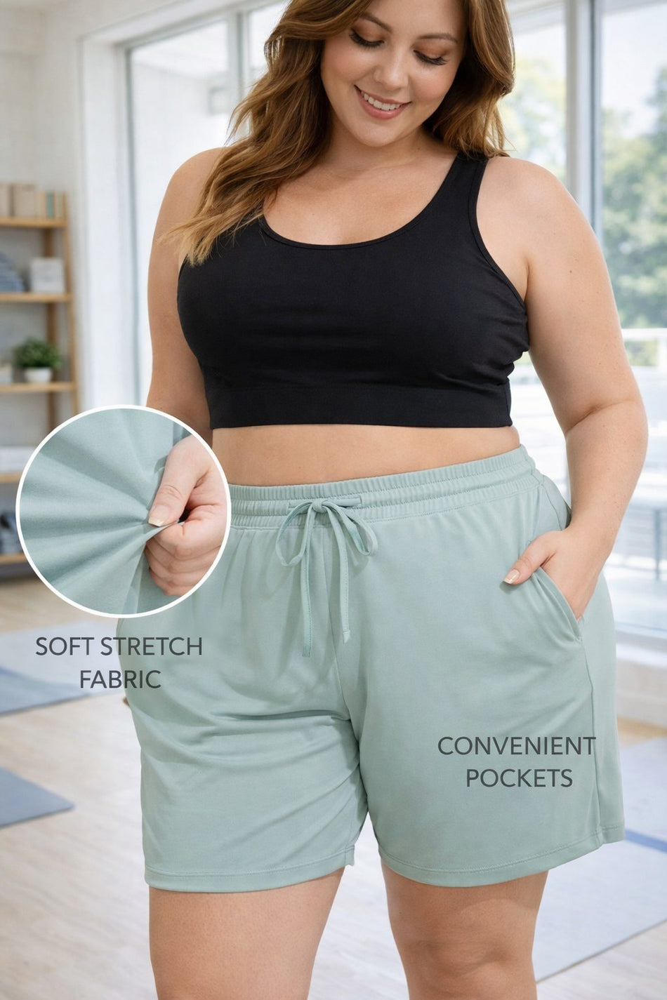 Plus size workout shorts with side pockets and elastic waist designed for curvy hips and thighs