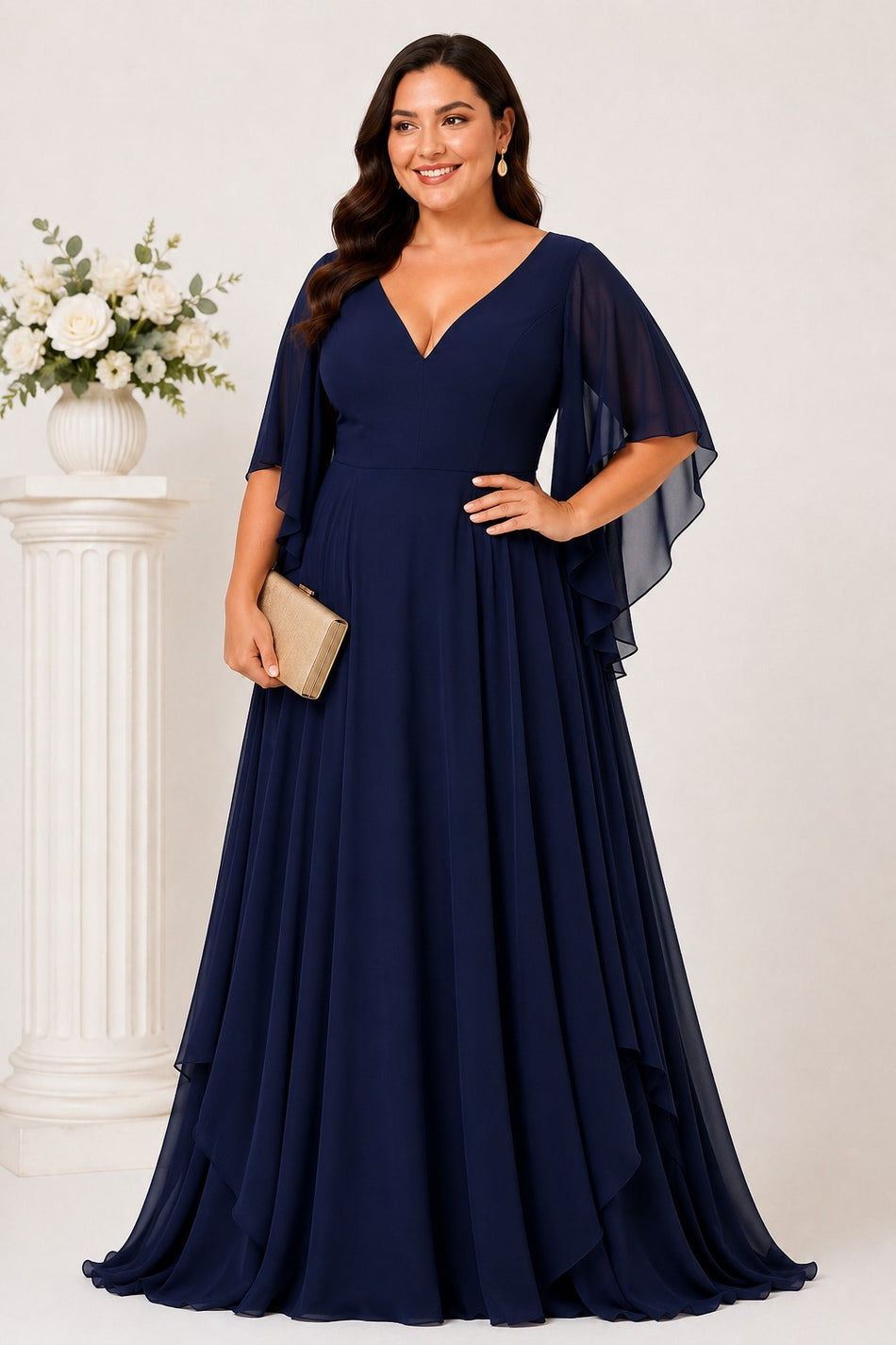Front view of the Nala navy blue plus size formal chiffon maxi dress with V-neckline, angel sleeves and flowing layered skirt.