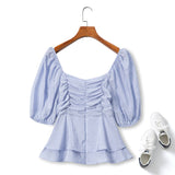 Plus Size Blue Square Neck Peplum Top