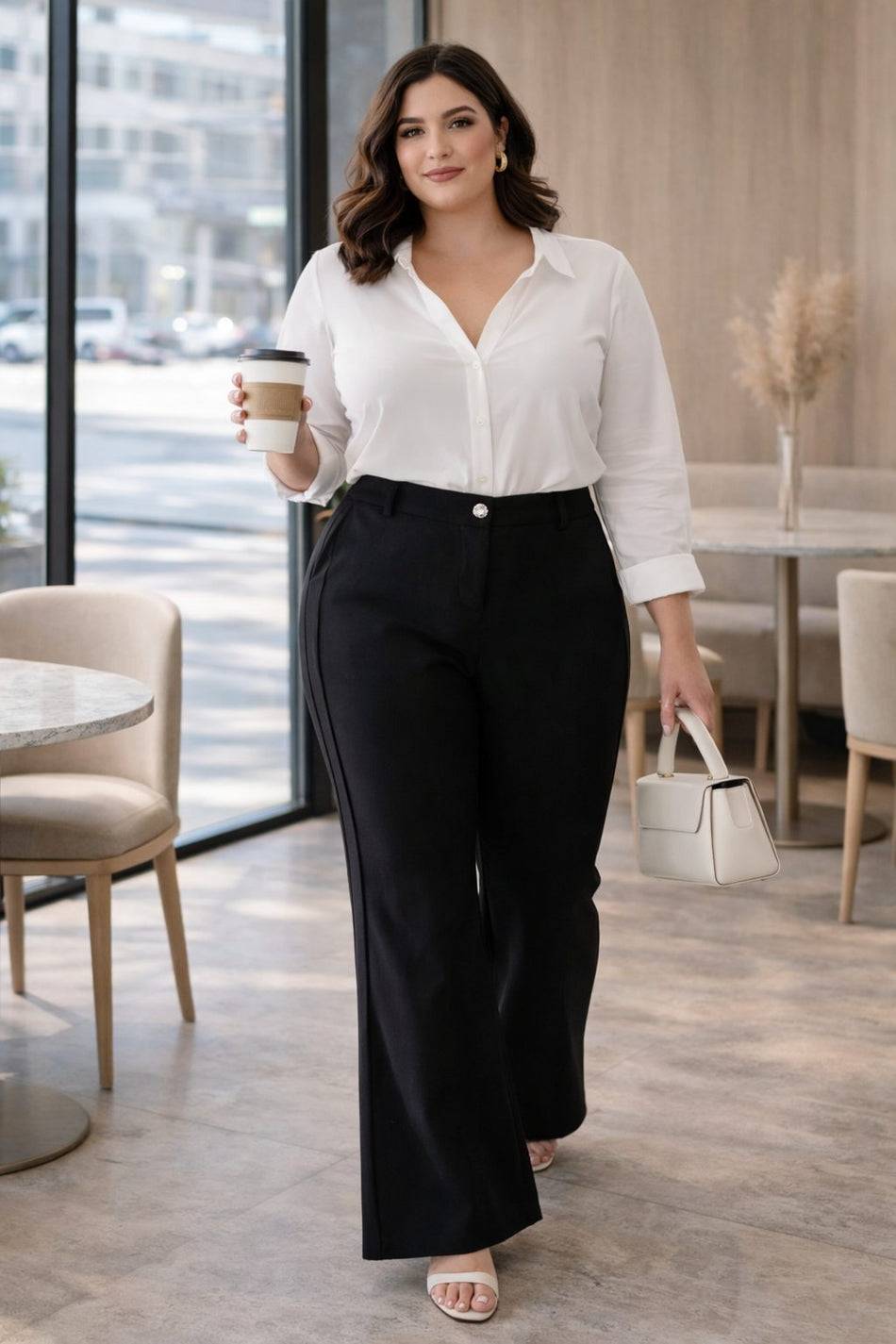 Plus size model wearing black bell bottom trousers work outfit front view office styling