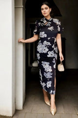 Plus Size Black Floral Cheongsam Chinese Dress