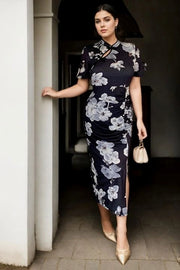 Plus Size Black Floral Cheongsam Chinese Dress