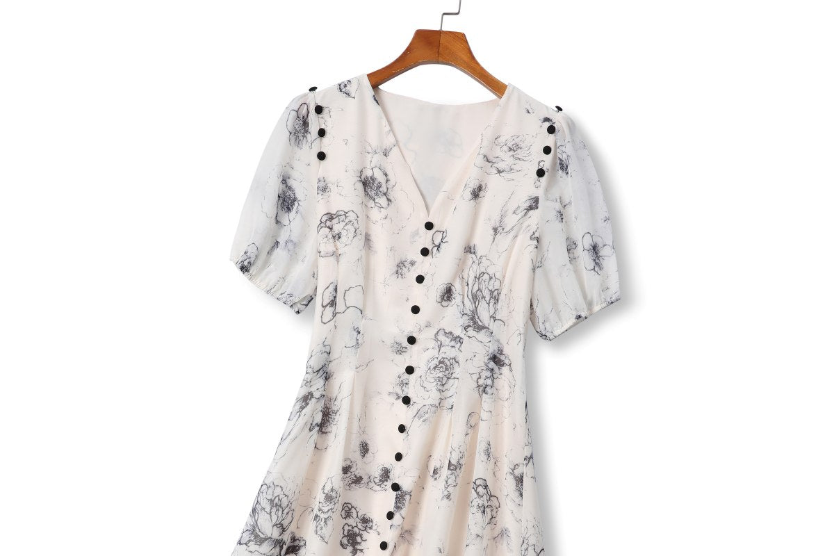 Black Plus Size Short Sleeve Button Down Floral Embroidered Dress