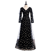 Plus Size Black Floral Embroidered Long Sleeve Evening Dress