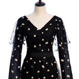 Plus Size Black Floral Embroidered Long Sleeve Evening Dress