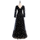Plus Size Black Floral Embroidered Long Sleeve Evening Dress - Back View