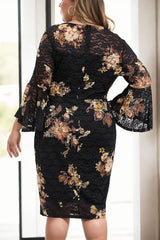 Plus Size Black Floral Lace Bodycon Dress - Back View