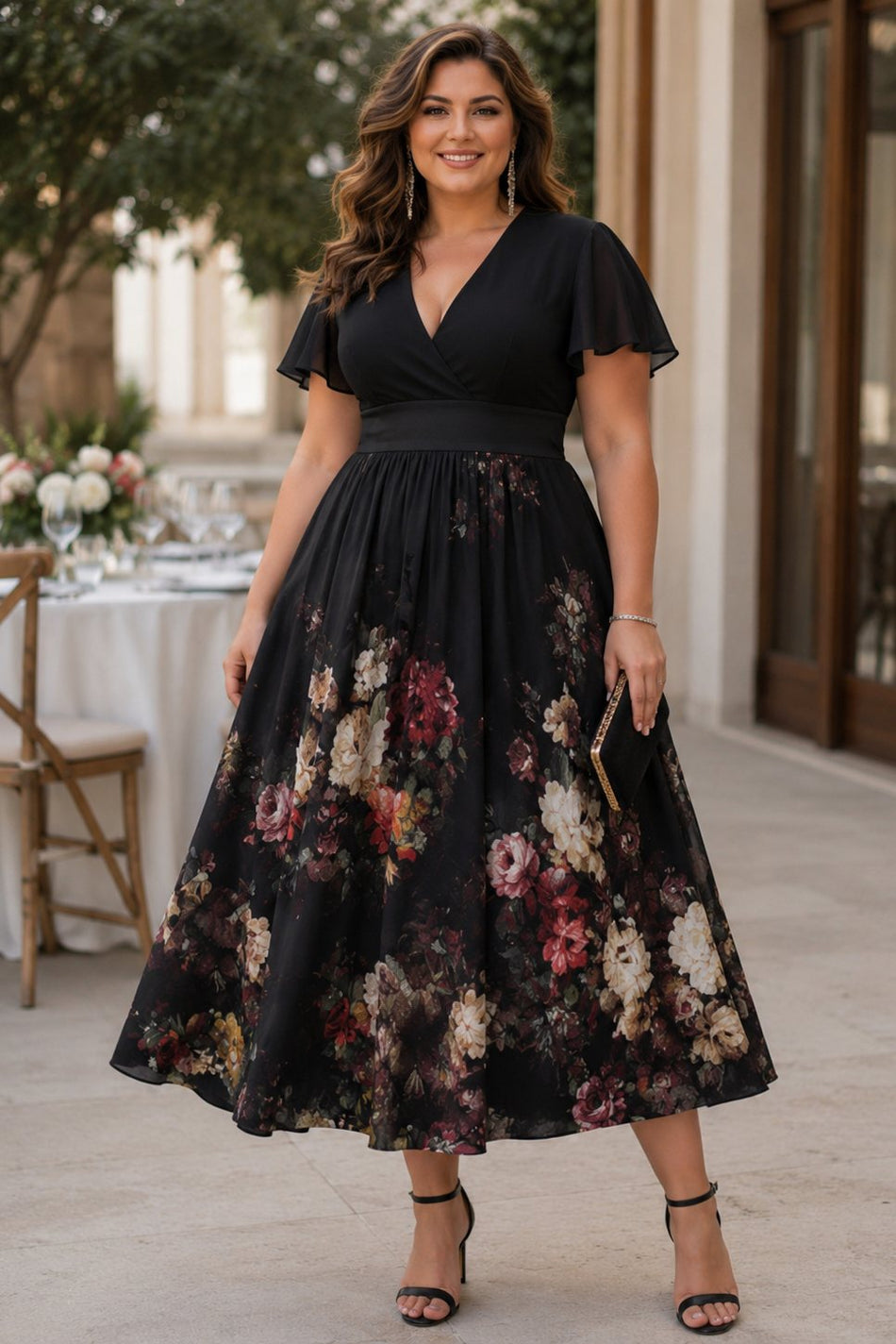 Elegant plus size black floral midi dress with flutter sleeves, wrap neckline and flowing skirt. Perfect for weddings, parties and special occasions.