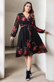 Plus Size Black Floral Wrap Long Sleeve Dress