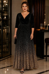 Plus size black and gold evening maxi dress with wrap V-neckline, elbow-length sleeves and flowing sparkle skirt