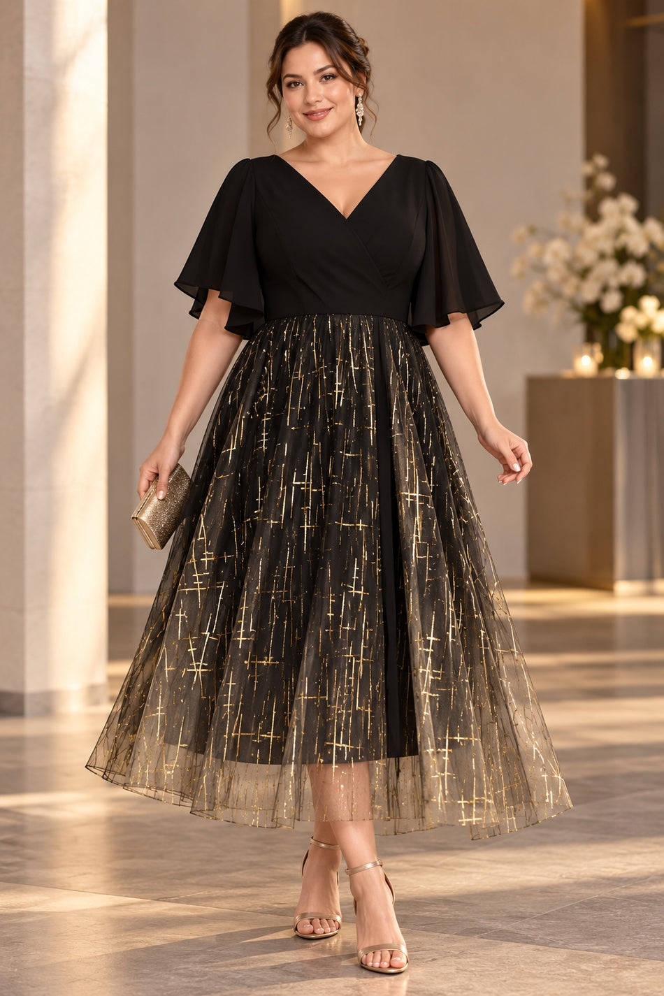 Plus size woman wearing a black and gold midi cocktail dress with V neckline, flutter sleeves and full A-line skirt.