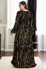 Plus Size Black Gold Wrap Evening Dress - back view