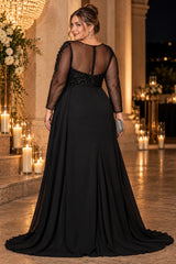 Back view of a plus size black evening gown with sheer long sleeves, sheer upper back, sparkling bodice and floor-length skirt with train.