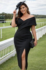 Plus size black off shoulder cocktail midi dress for curvy women, flattering sculpted fit elegant evening dress