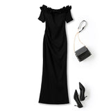 Plus Size Black Off Shoulder Fitted Evening Dress - Front View