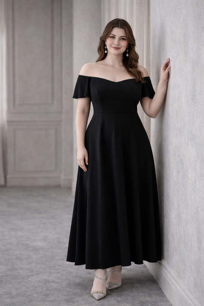 Arlette Plus Size Black Off-Shoulder Maxi Dress– Hello Curve