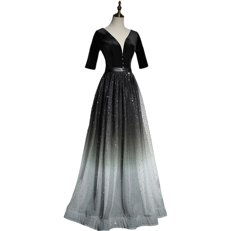 Short Sleeve Evening Dress Double V Neck Sequ Embroidery Stitching Long Party Dress Elegant A Line Tulle Dress main image 1