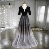 Plus Size Ombre Short Sleeve Evening Dress - Black