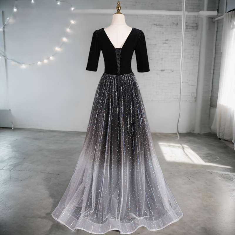 Short Sleeve Evening Dress Double V Neck Sequ Embroidery Stitching Long Party Dress Elegant A Line Tulle Dress