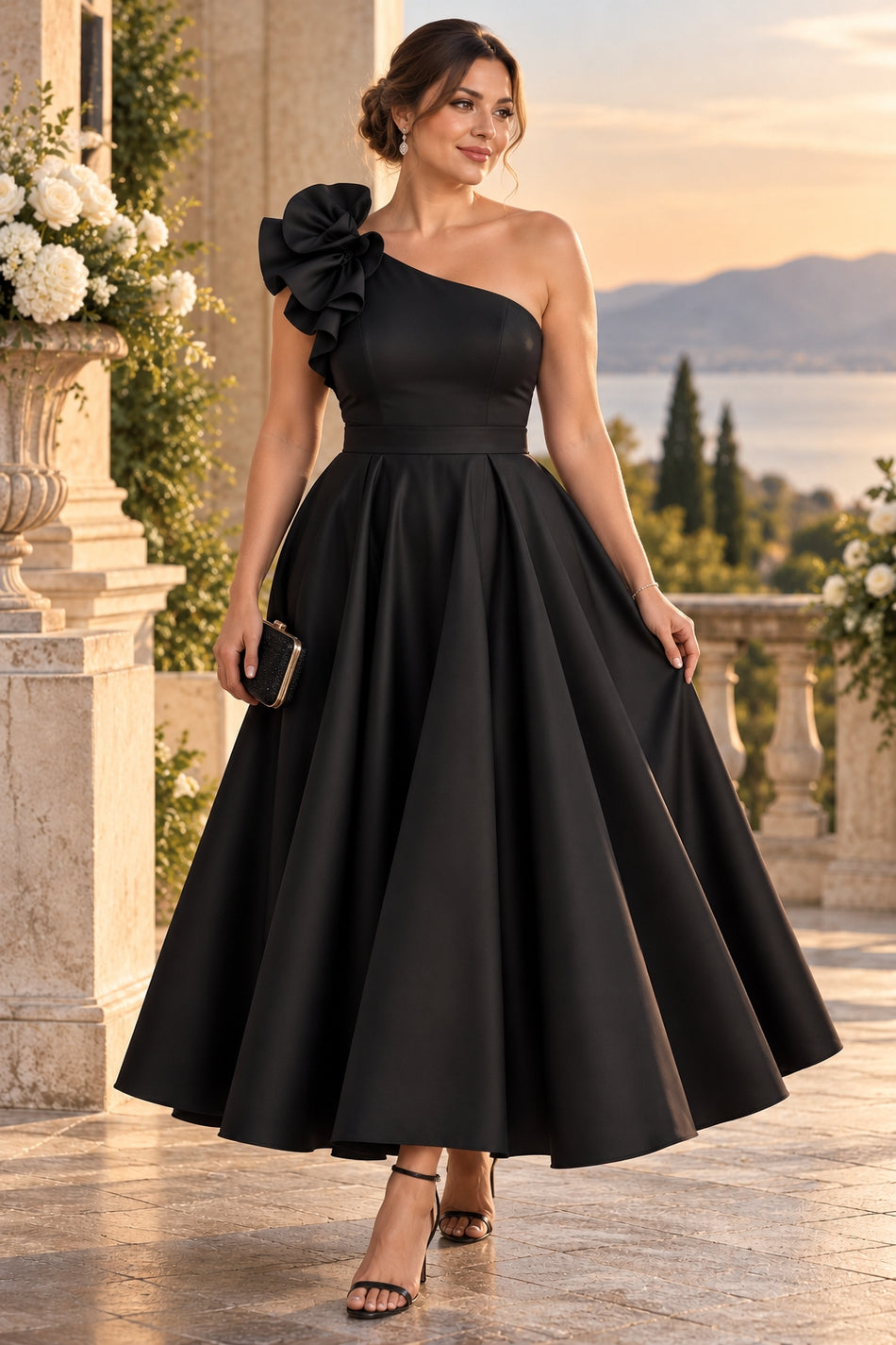 Plus size woman wearing a black one shoulder cocktail midi dress with statement shoulder detail and full A-line skirt.