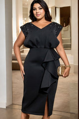 Plus Size Black Cap Sleeve Pencil Dress - front close up