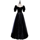 Plus Size Black Puff Sleeve Evening Dress