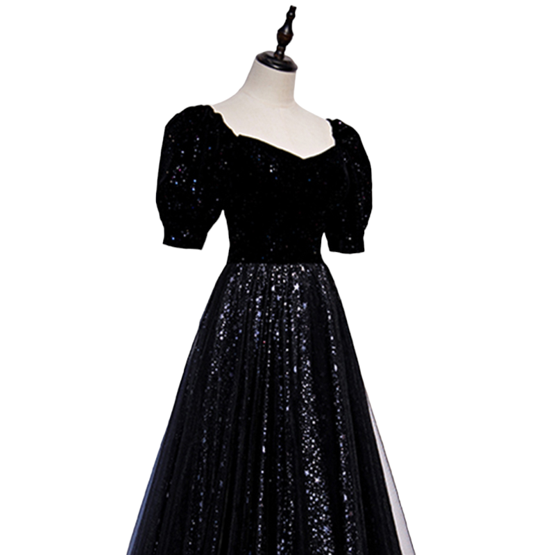 Plus Size Black Puff Sleeve Evening Dress