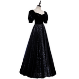 Plus Size Black Puff Sleeve Evening Dress