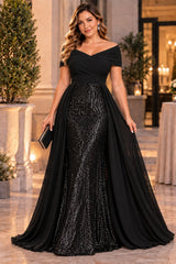 Plus size black sequin evening gown with off-shoulder pleated bodice, front view