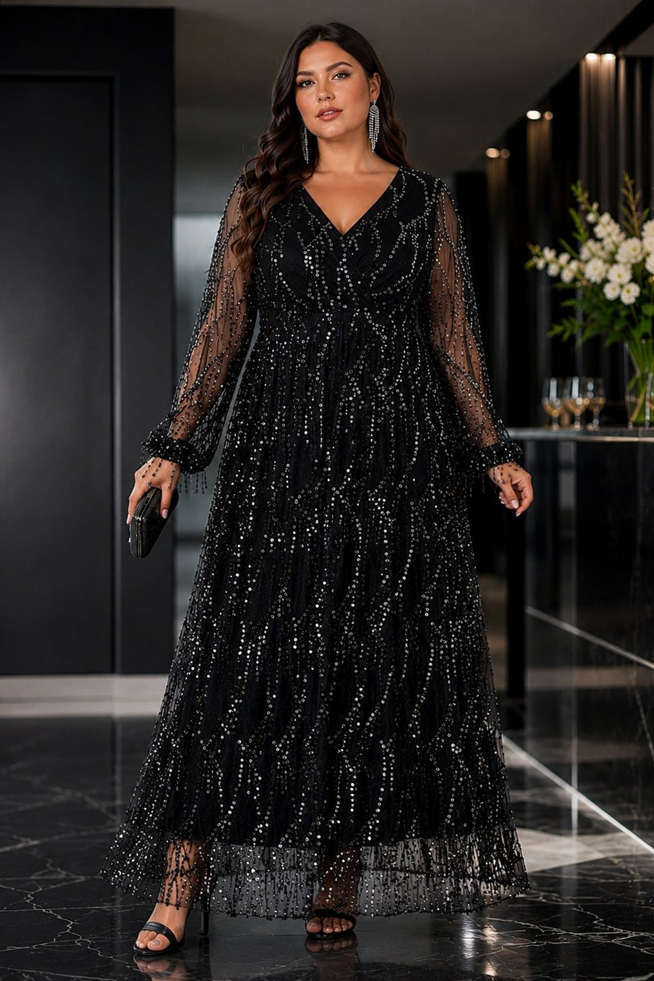 Plus Size Sequin Evening Maxi Dress with Long Sleeves– Hello Curve