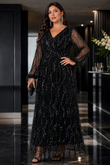 Side view of plus size black sequin evening maxi dress featuring a flowing A-line silhouette and sheer embellished sleeves.
