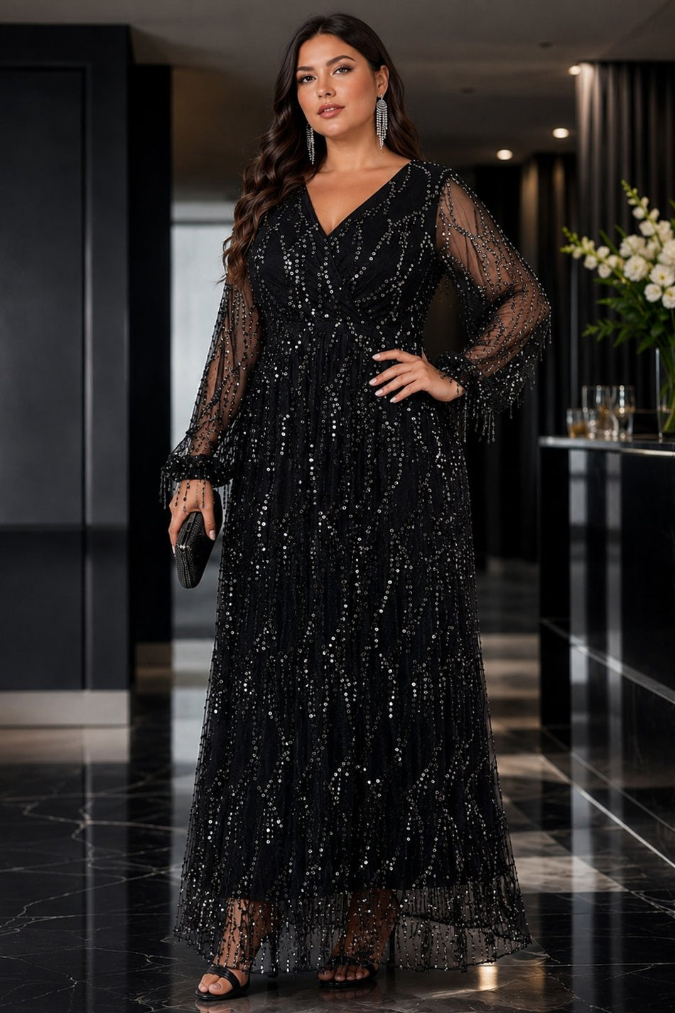 Plus Size Sequin Evening Maxi Dress with Long Sleeves– Hello Curve