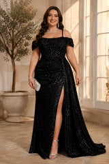 Front view of a plus size black off shoulder sequin formal dress with gathered waist, side drape and front split.