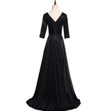 Plus Size Black Sequins Mid Sleeve Maxi Dress - Back View