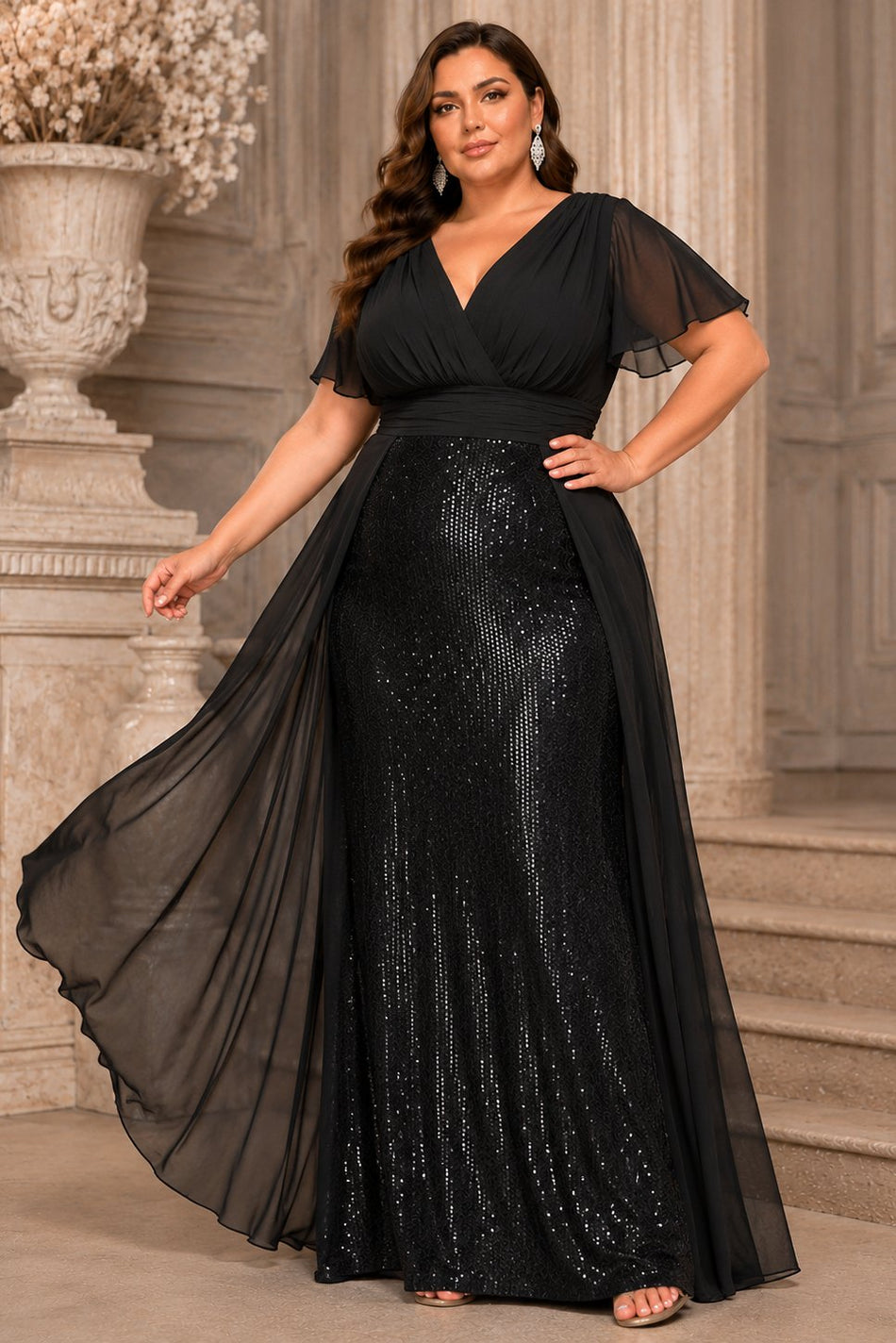 Plus size black sequin evening gown with chiffon overlay, flutter sleeves and flattering wrap V-neck front view