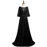 Plus Size Black Sequins Flutter Sleeve Evening Dress