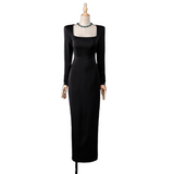 Plus Size Black Square Neck Long Sleeve Midi Dress