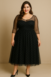Aria Plus Size Black Fit and Flare Mesh Dress
