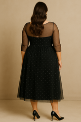 Plus Size Black Fit and Flare Mesh Dress - back view