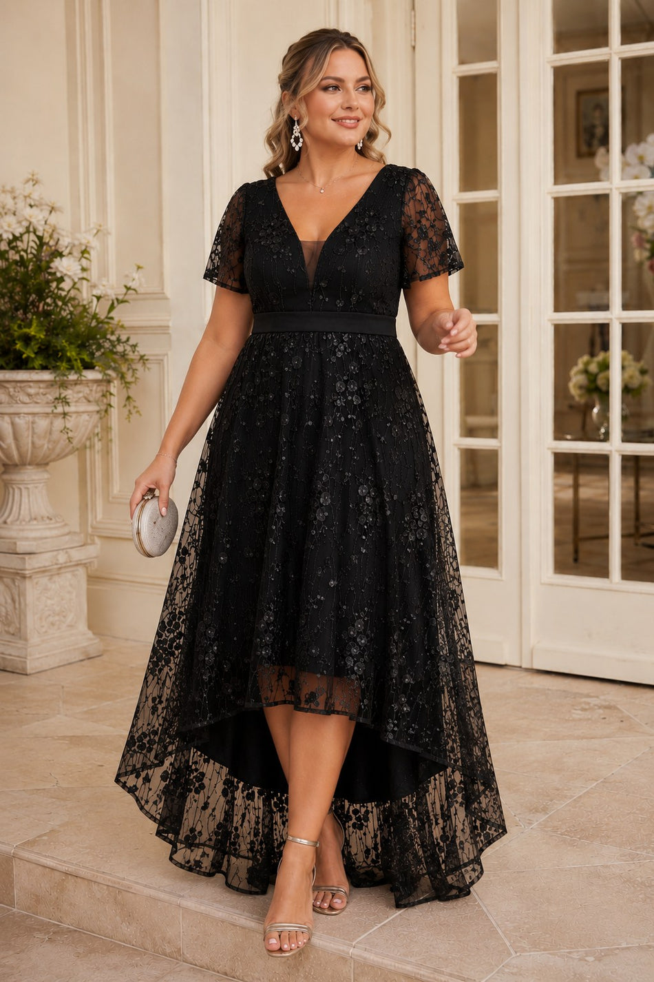 Black plus size lace wedding guest dress with floral embroidery, V-neckline, short sheer sleeves and high-low A-line skirt.