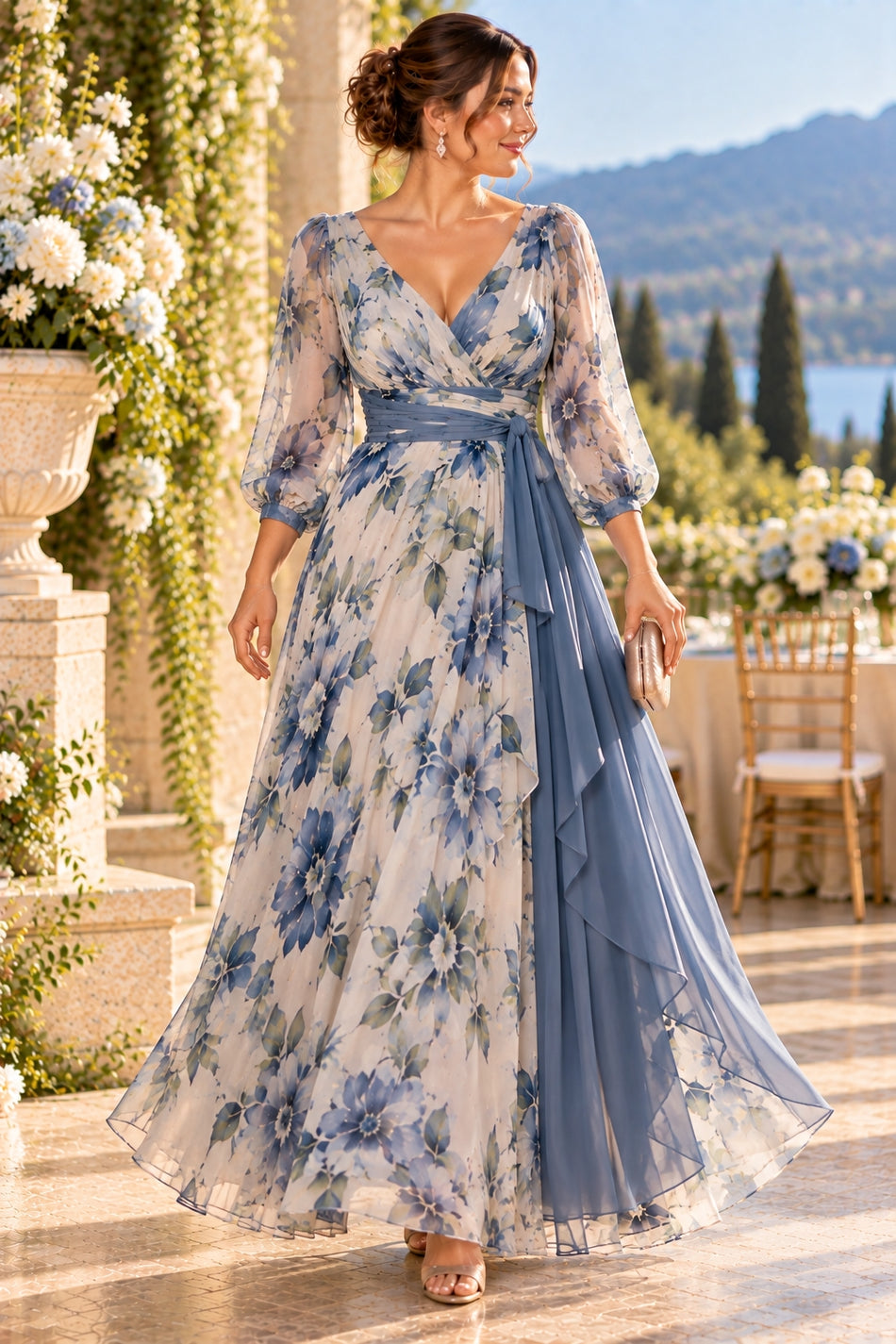 Plus size blue floral evening dress with wrap V-neck, three-quarter sleeves and dusty blue colour-block maxi skirt, front view.