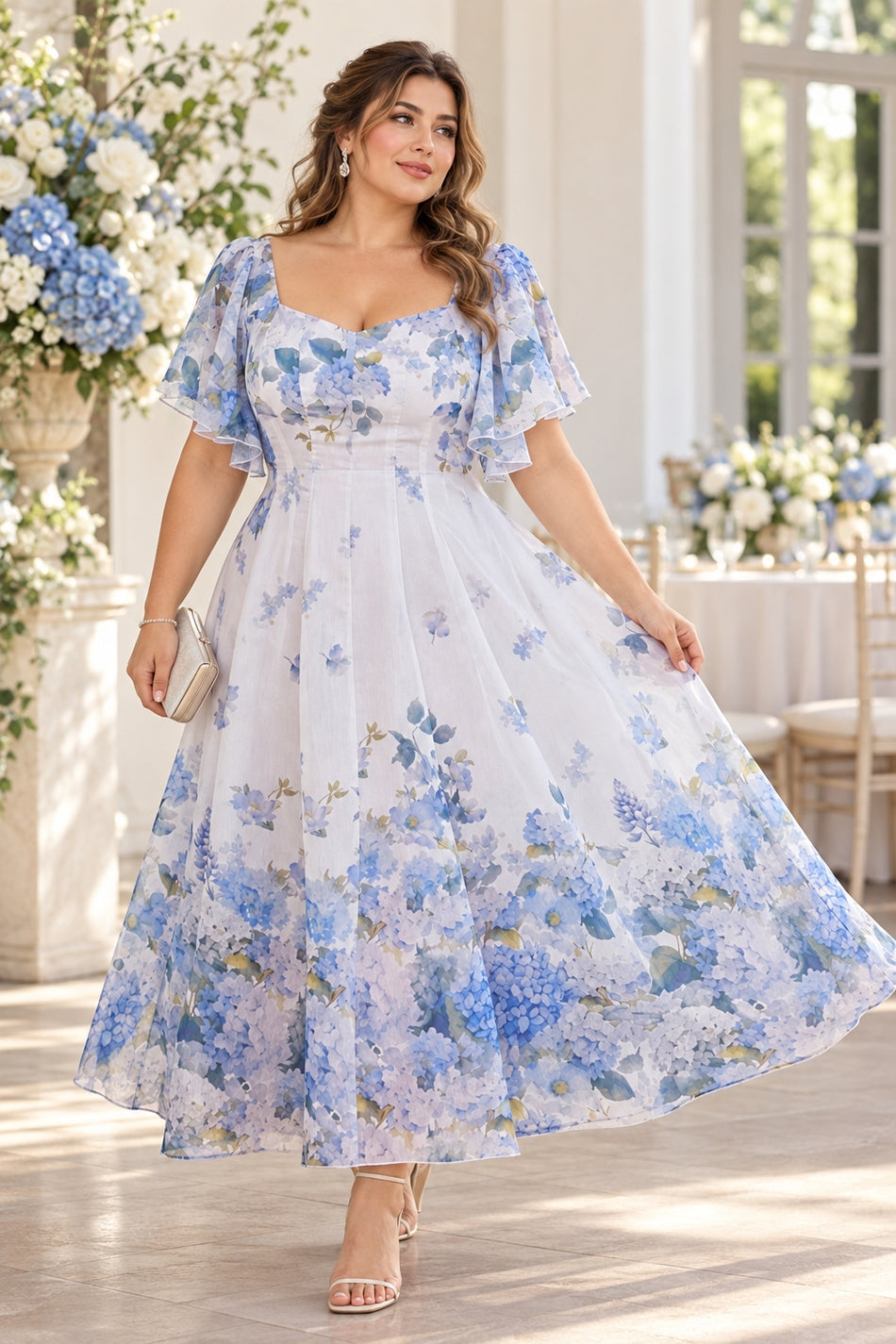 Plus size woman wearing a blue floral wedding guest dress with flutter sleeves, shaped neckline and full A-line skirt.
