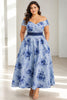 Delphine Plus Size Blue Floral Off Shoulder Wedding Guest Dress