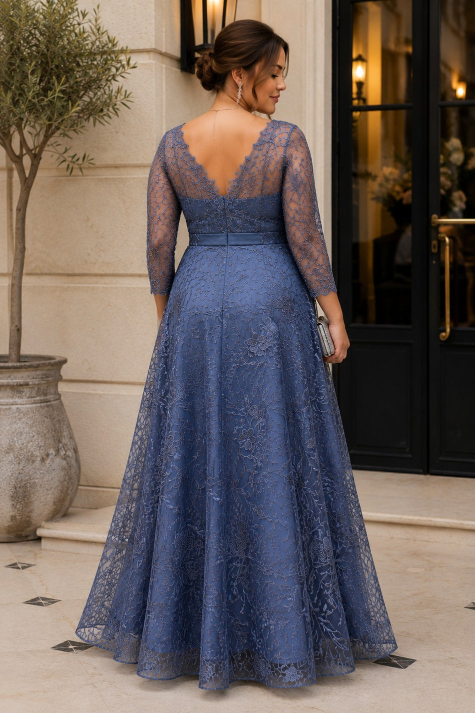 Plus Size Blue Lace Formal Dress with Sleeves