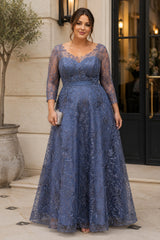 Front view of a plus size blue lace formal dress featuring an illusion sweetheart neckline, sheer three-quarter sleeves and a flowing A-line maxi skirt.