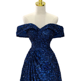 Plus Size Blue Off Shoulder Formal Dress
