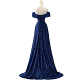 Plus Size Blue Off Shoulder Formal Dress - Back View