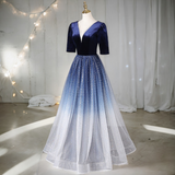 Plus Size Ombre Short Sleeve Evening Dress - Blue Side