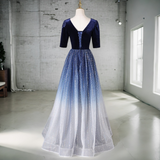 Plus Size Ombre Short Sleeve Evening Dress - Blue Back